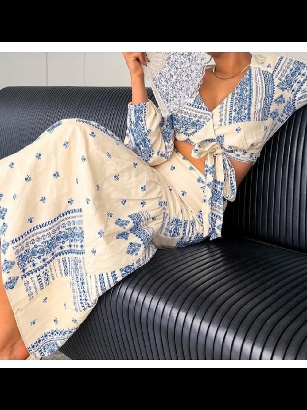 Cream and Blue Tie-Front Midi Dress